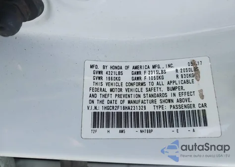 2017 Honda Accord Sport Se from USA, damaged, VIN 1HGCR2F18HA231329